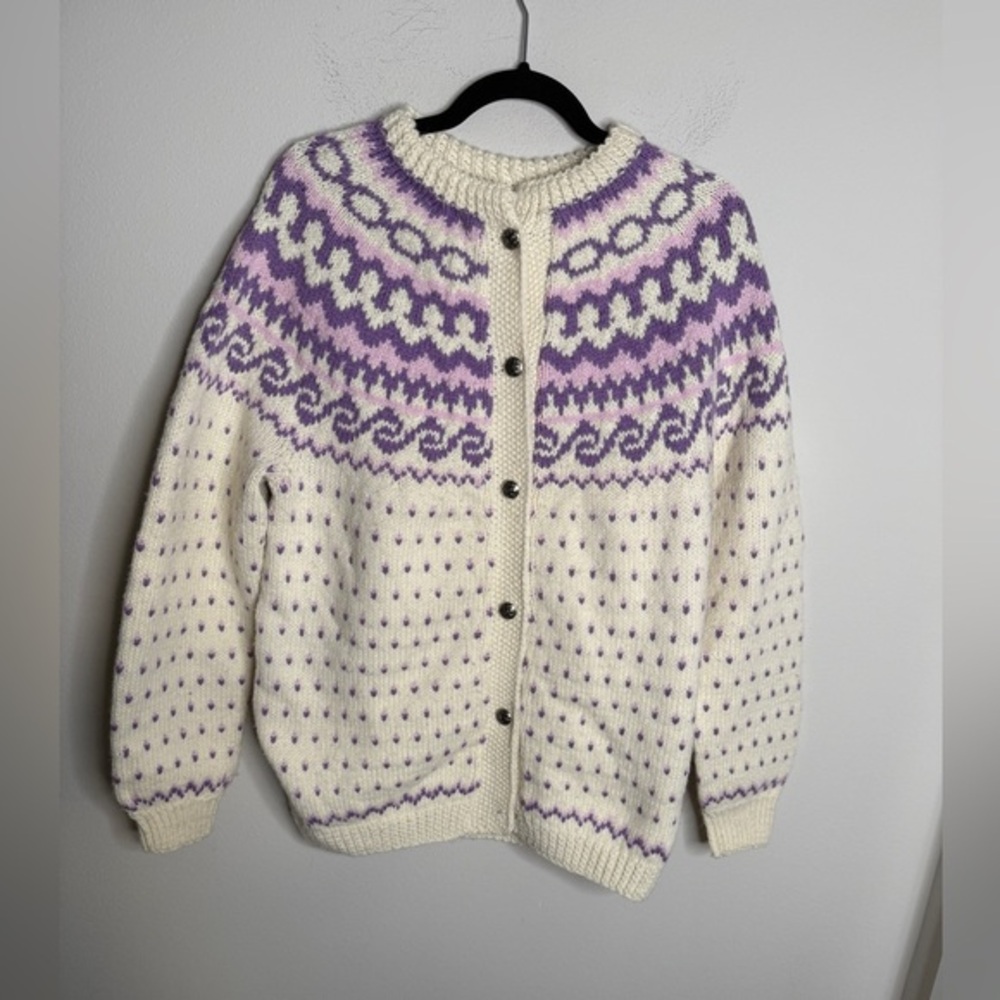 Wool Size XL Fair Isle Polka Dot Crew Neck Button Front Cardigan in White Purple